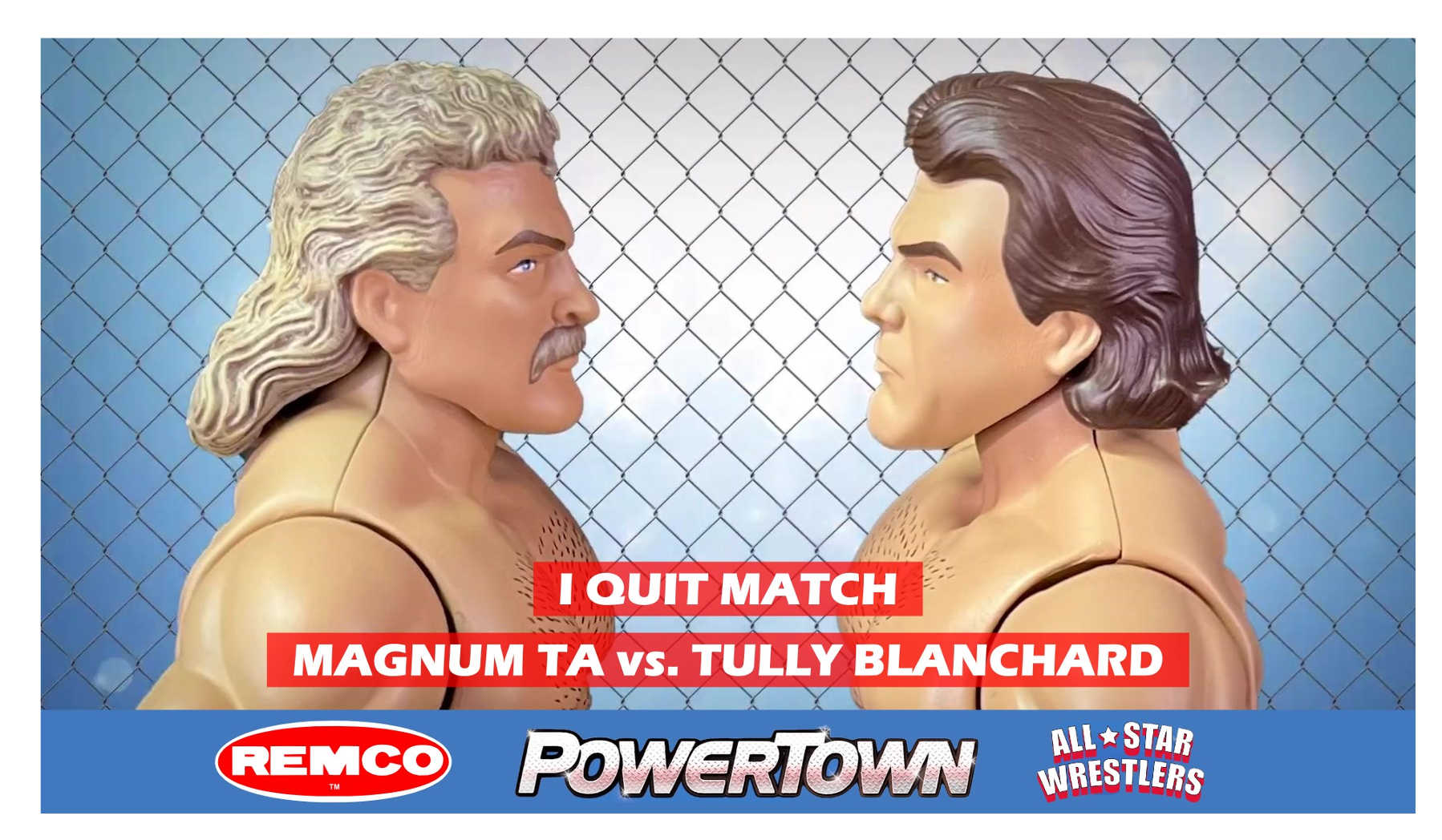Remco Wrestling Figures featuring the Powertown All-Star 'I Quit Match' series, showcasing Magnum TA and Tully Blanchard
